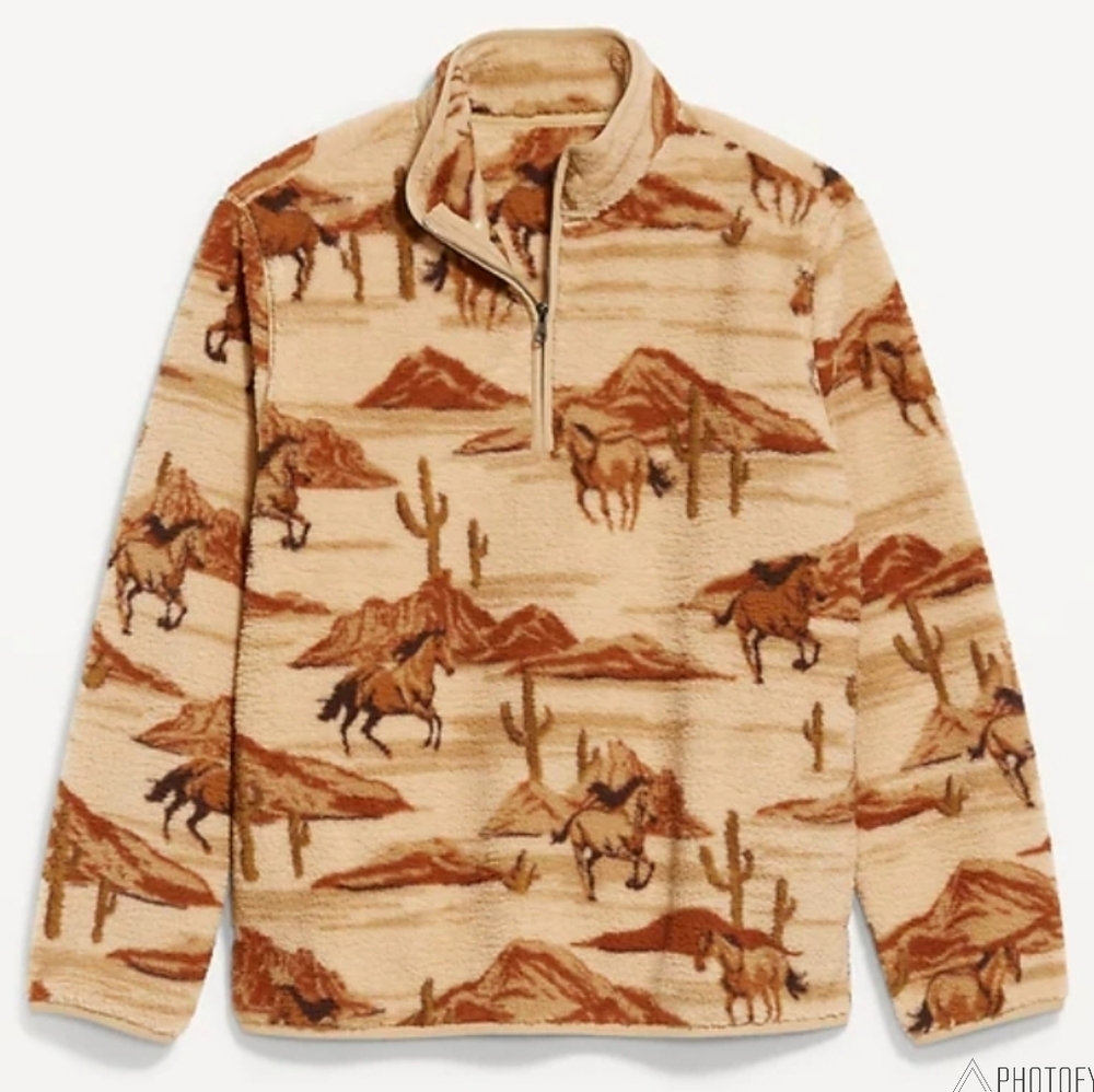 NWT Men's Old Navy Western Tan Horse Sherpa Fleece Quarter Zip Sweater Jacket
